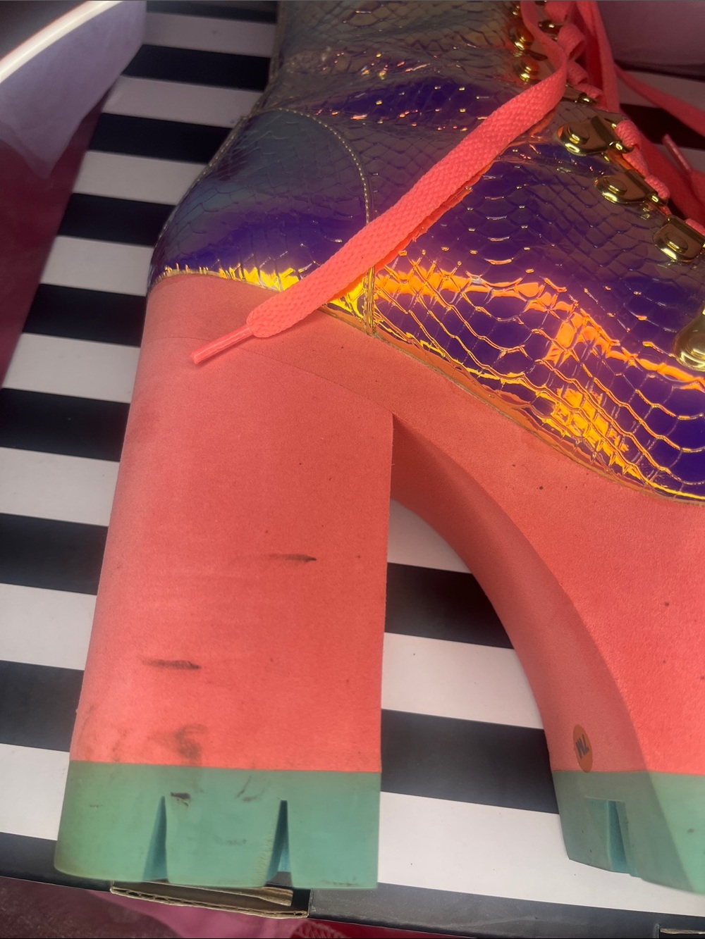 Iridescent Purple Platform Lace-Up Boots with Coral Laces - Picture 3 of 12